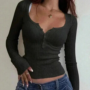 Black Casual Women's Solid Button Half Turtleneck Long Sleeve Sweater